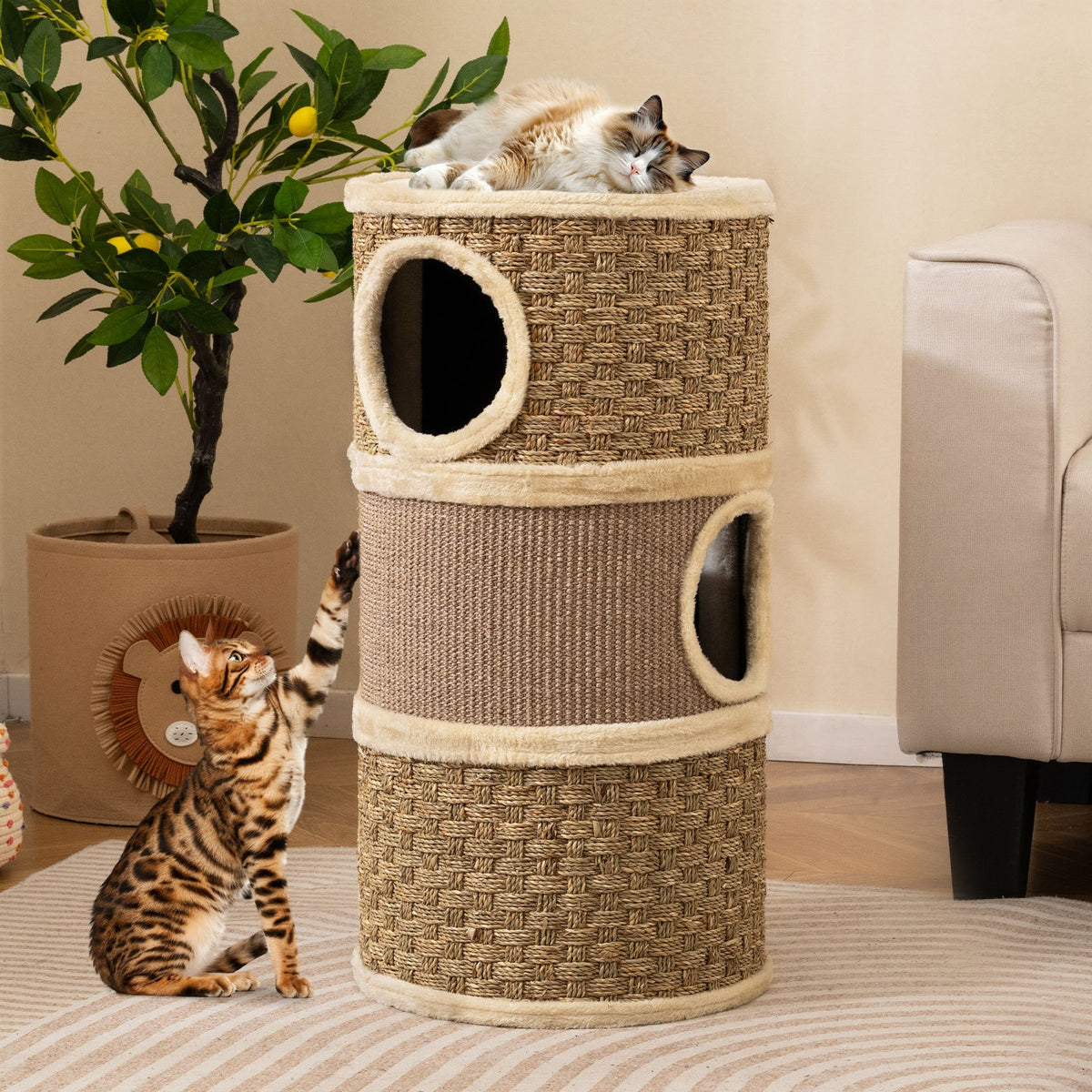 3-Story Cat Condo 28 Inch Multi-level Cat Hideaway with Sisal Scratching Pad-Brown view 2