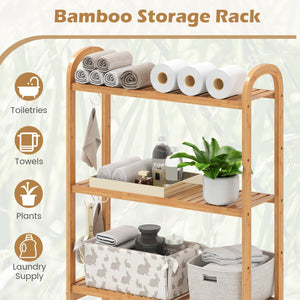 3-Tier Bamboo Bathroom Floor Organizer with 5-Position Shelves and 3 Hooks-Natural view 7