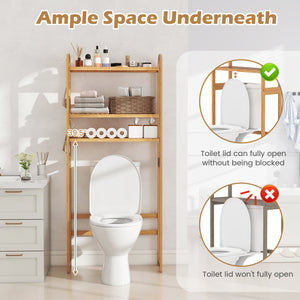3-Tier Bamboo Bathroom Floor Organizer with 5-Position Shelves and 3 Hooks-Natural view 9