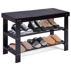 3 Tier Bamboo Bench Storage Shoe Shelf-Black view 4