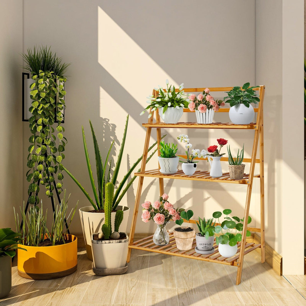 3-Tier Bamboo Foldable Plant Stand with Display Shelf Rack view 2