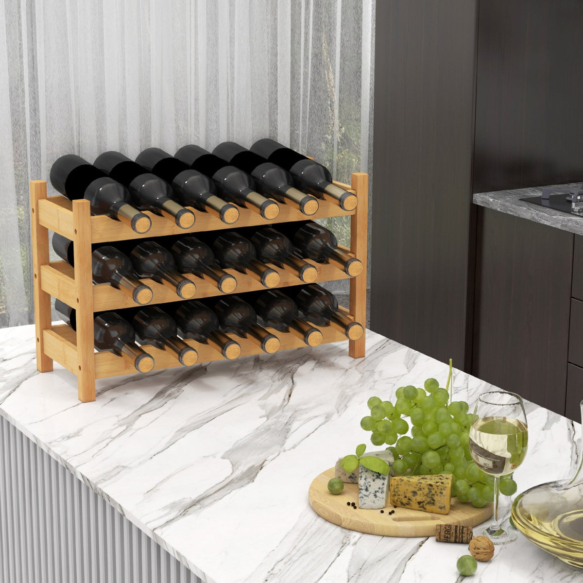 3-Tier Bamboo Freestanding Countertop Wine Bottle Organizer-Natural view 2
