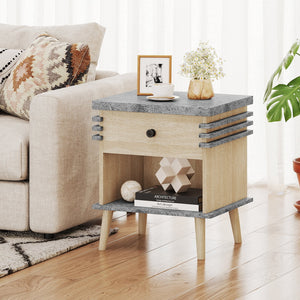 3-Tier Bedside Table Nightstand with Antique Grey Faux Marble Top-Grey view 2