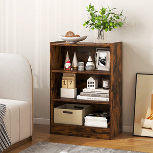 3-Tier Bookcase Open Display Rack Cabinet with Adjustable Shelves-Rustic Brown view 3
