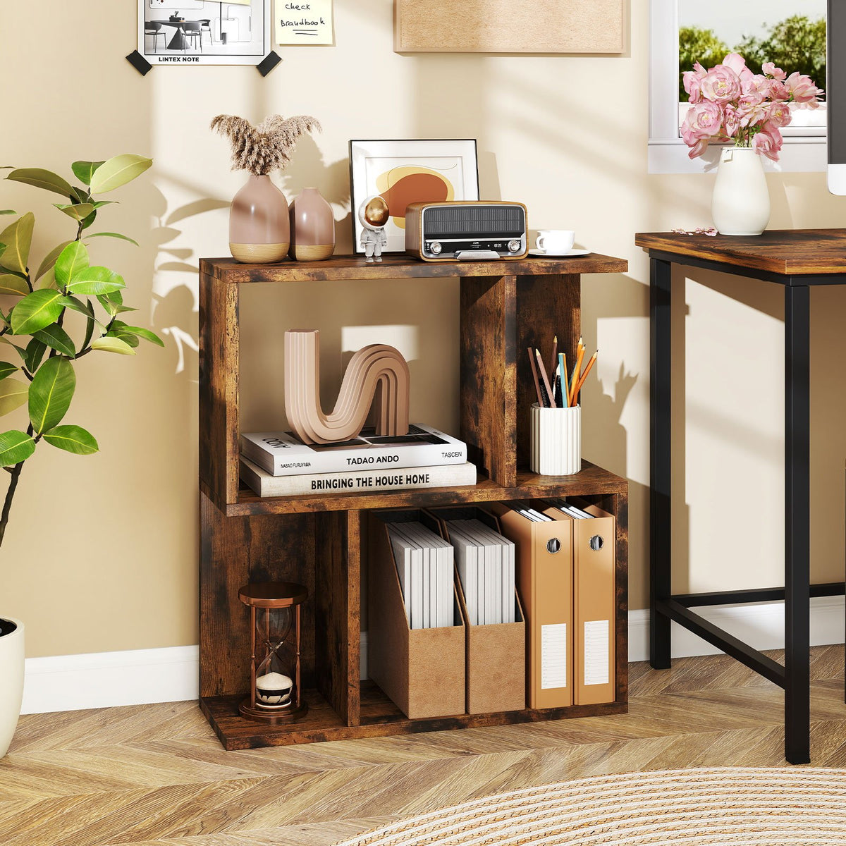 3-Tier Bookshelf with Display Shelf for Small Space-Rustic Brown view 2