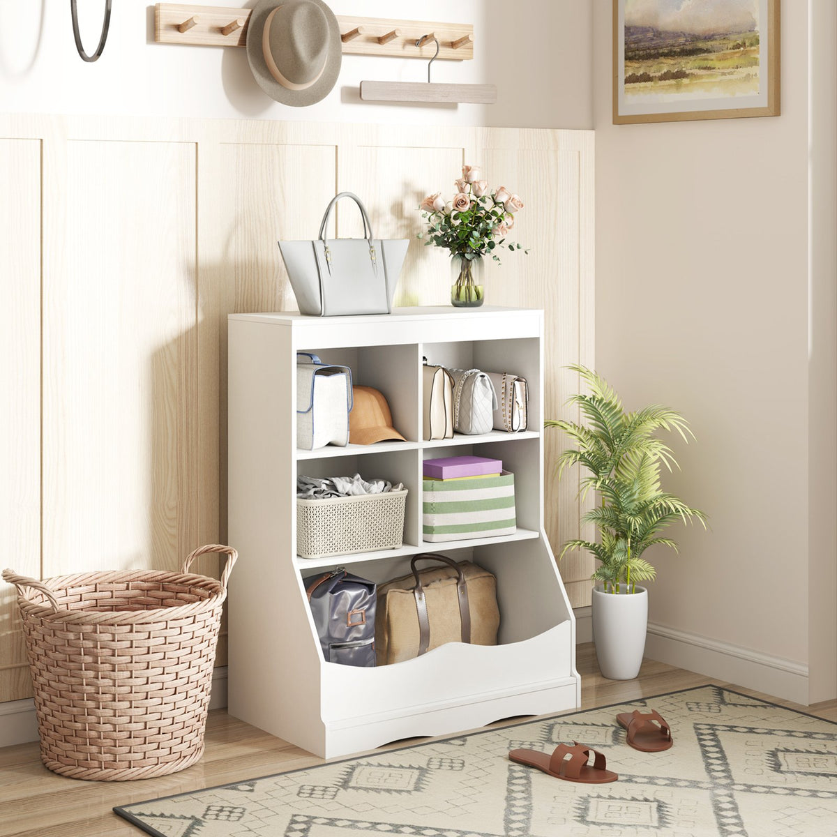 3-Tier Children's Multi-Functional Bookcase Toy Storage Bin Floor Cabinet-White view 2