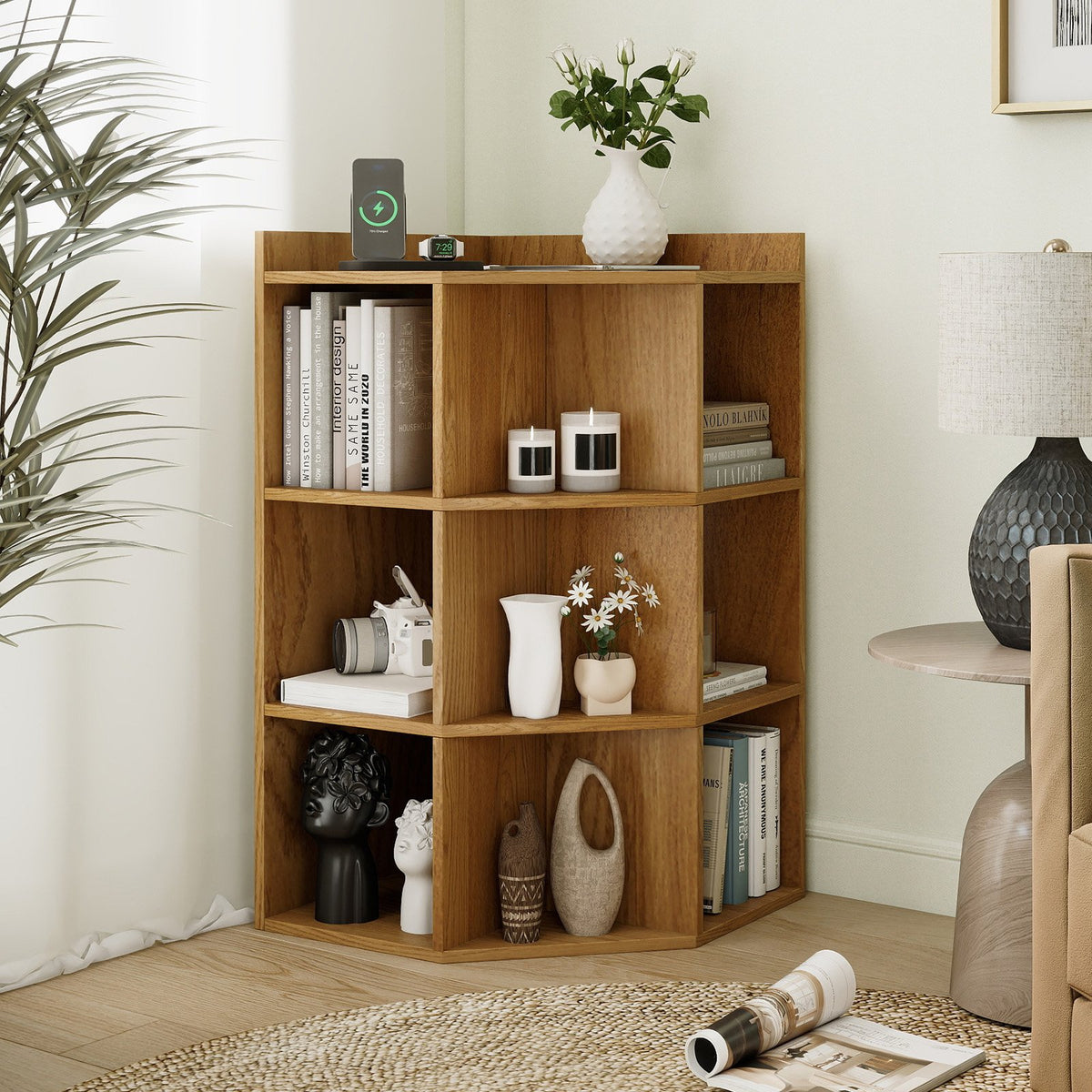 3-Tier Corner Cabinet with Charging Station for Bedroom-Natural view 2