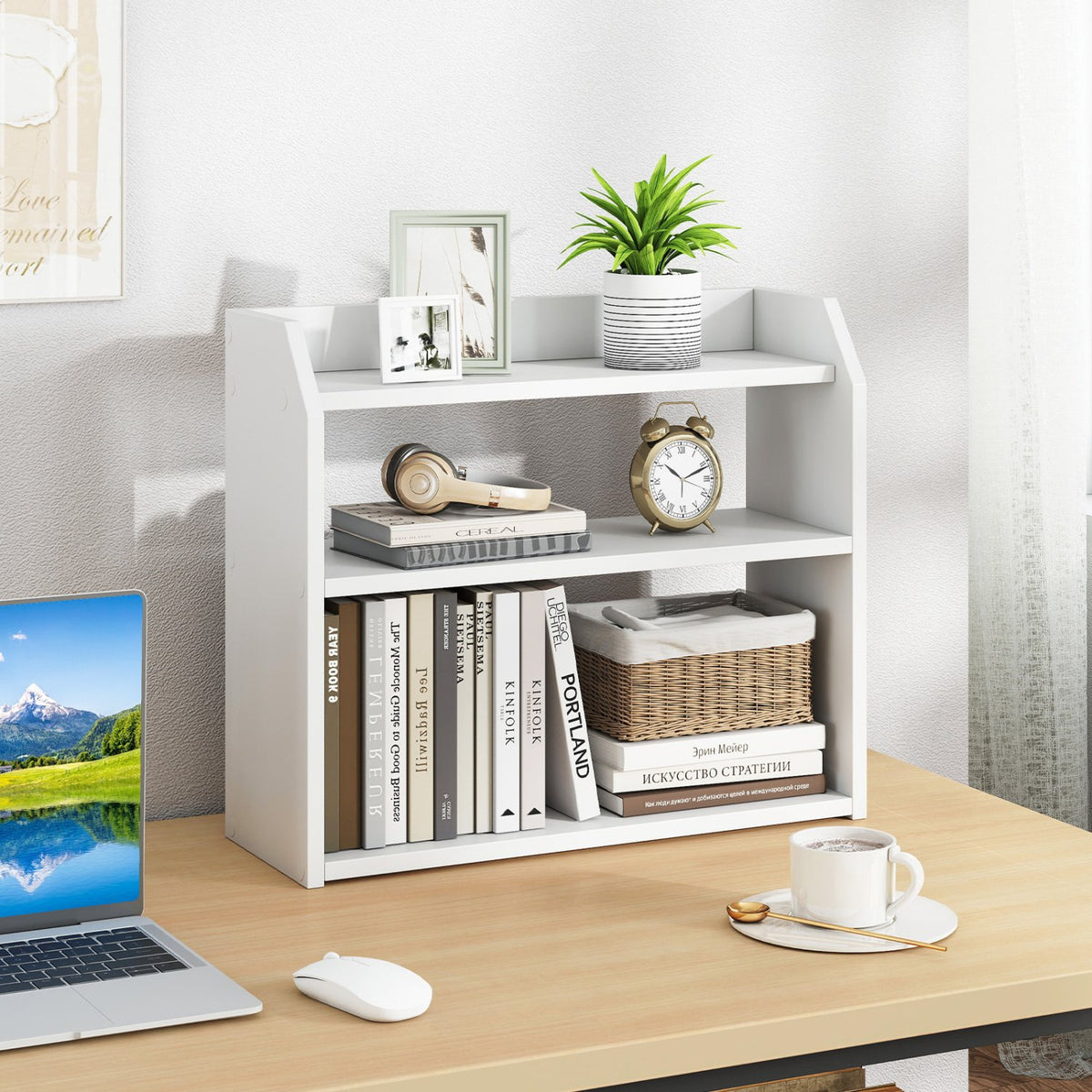 3-Tier Desktop Bookshelf Wooden Countertop Bookcase with Raised Top Guardrails-White view 2
