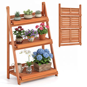 3-Tier Foldable Plant Stand with Slatted Shelves and Fir Wood Frame-Orange view 3