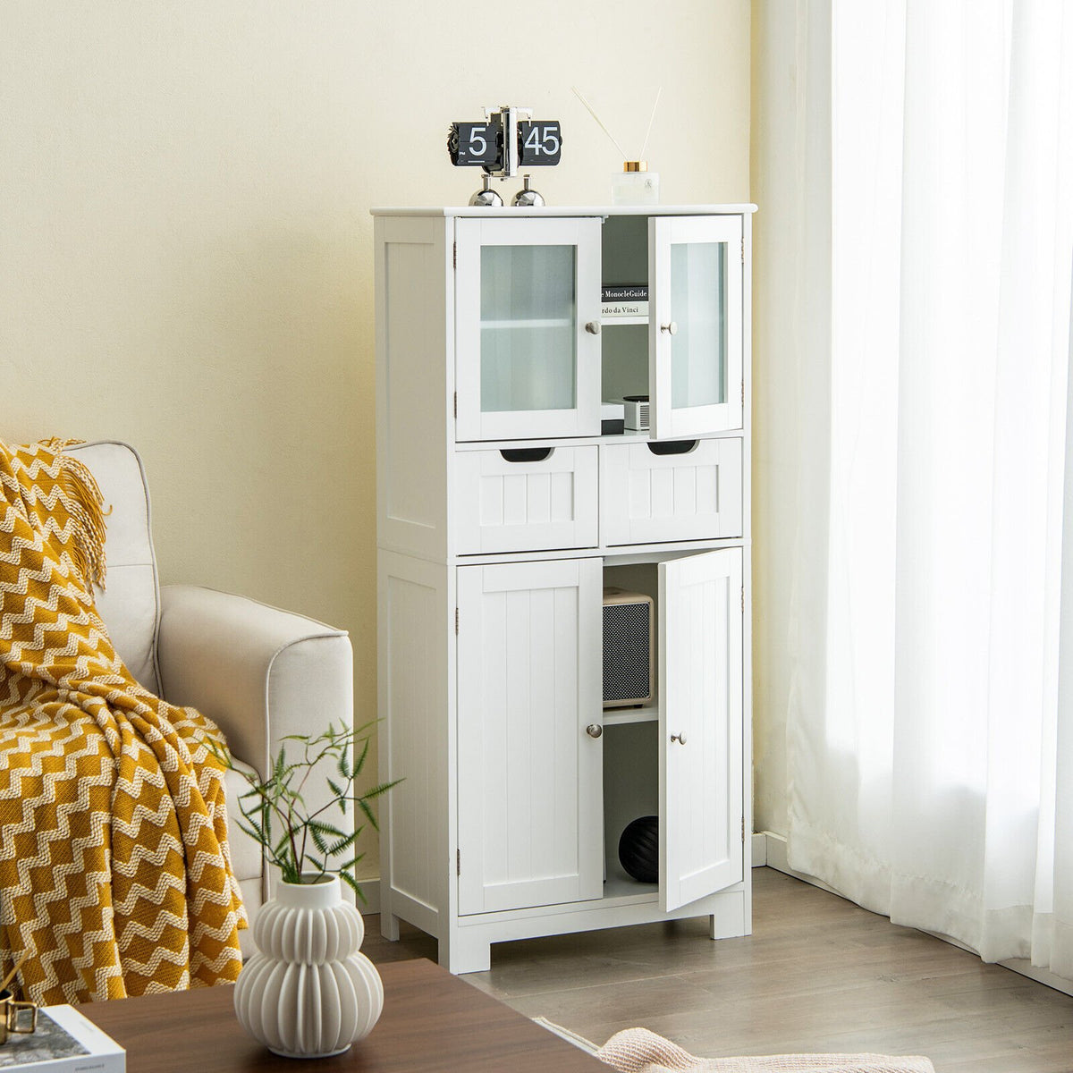 3 Tier Freee-Standing Bathroom Cabinet with 2 Drawers and Glass Doors-White view 2