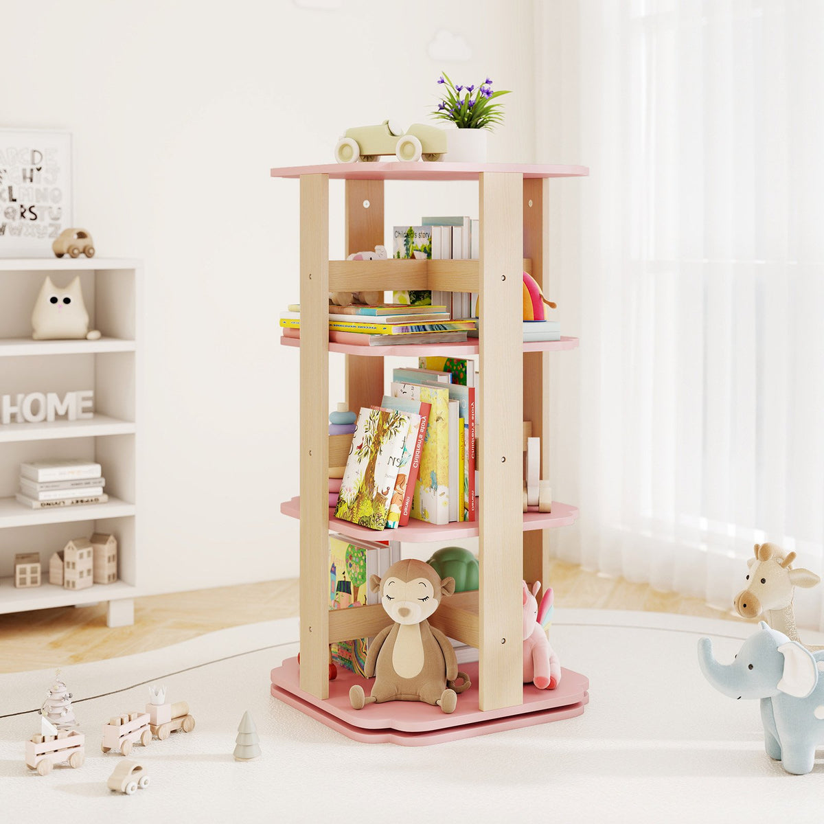 3-Tier Freestanding Corner Toddler Book Rack with 12 Sectors-Pink view 2