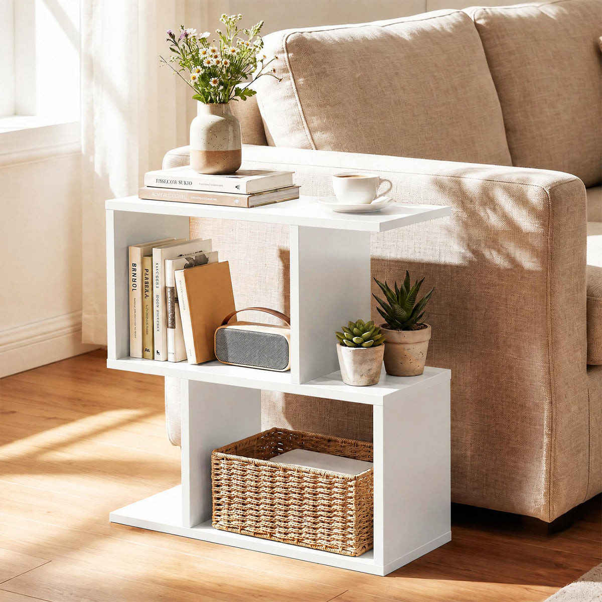 3-Tier Geometric Bookshelf Freestanding Display Shelf Side Table Set of 2-White view 2