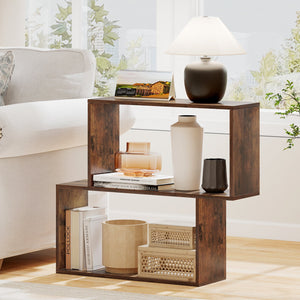 3-Tier Geometric Bookshelf Freestanding Wooden Bookcase with 2 Cubic Compartments-Brown view 2