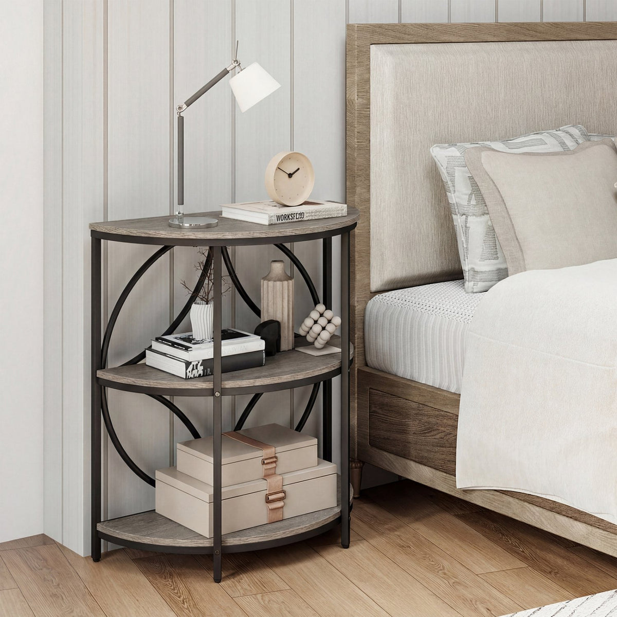 3-Tier Half Round End Table with Study Metal Frame for Living Room-Gray view 2