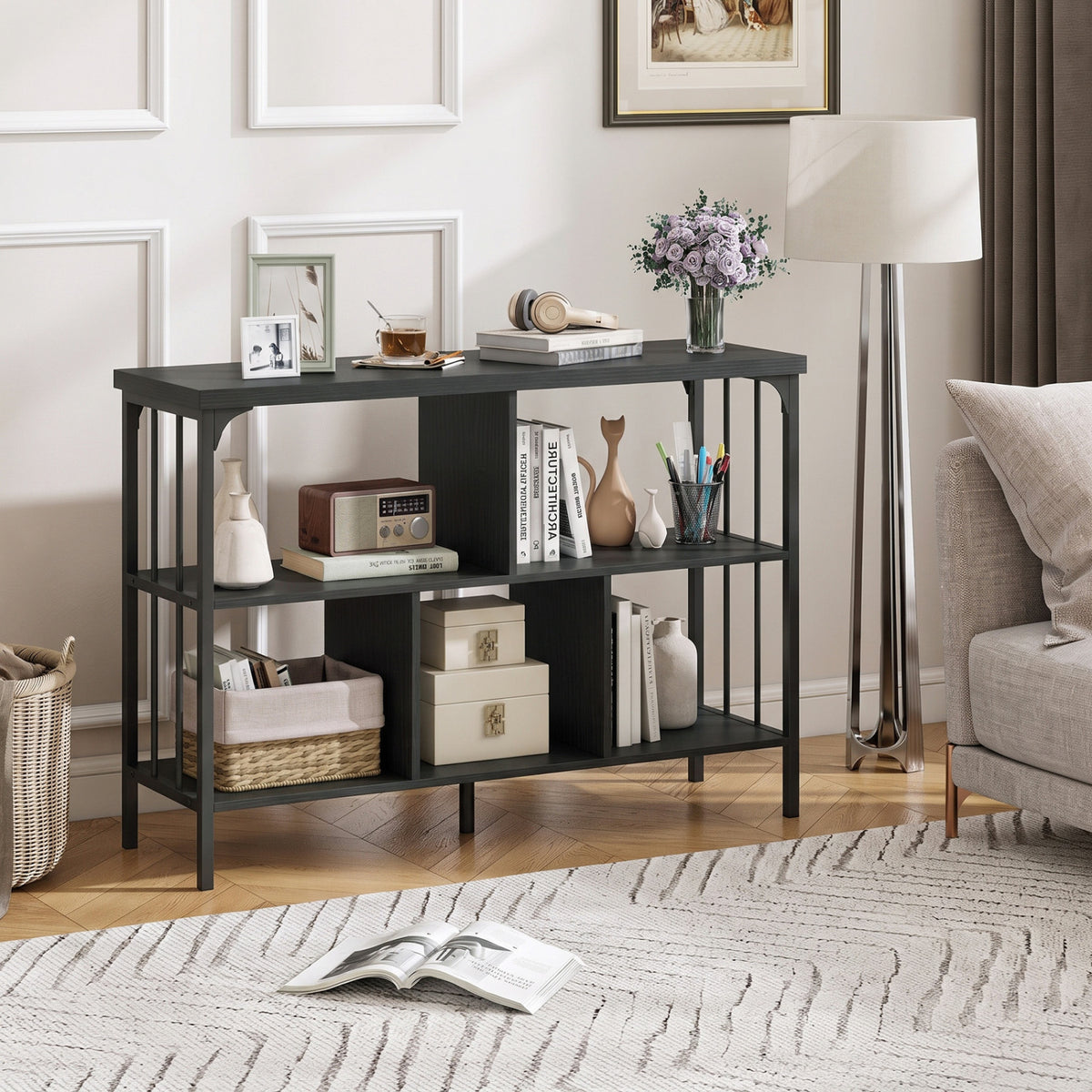 3-Tier Horizontal Cubby Bookshelf with Open Shelves-Black view 2
