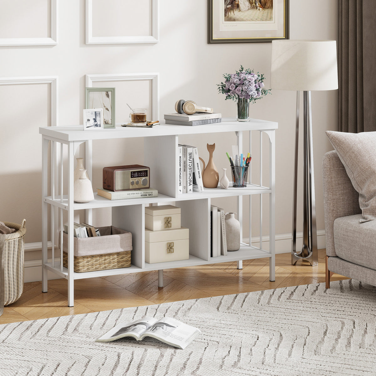 3-Tier Horizontal Cubby Bookshelf with Open Shelves-White view 2