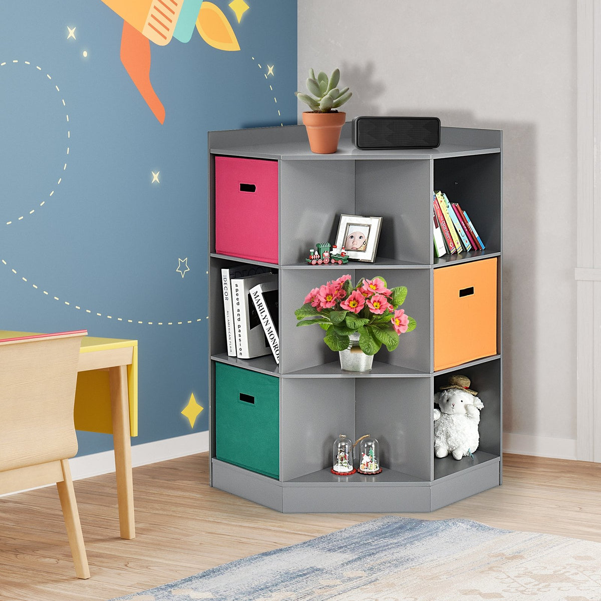 3-Tier Kids Storage Shelf Corner Cabinet with 3 Baskets-Gray view 2