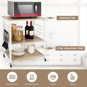 3-Tier Kitchen Baker's Rack Microwave Oven Storage Cart with Hooks-Light Brown view 8
