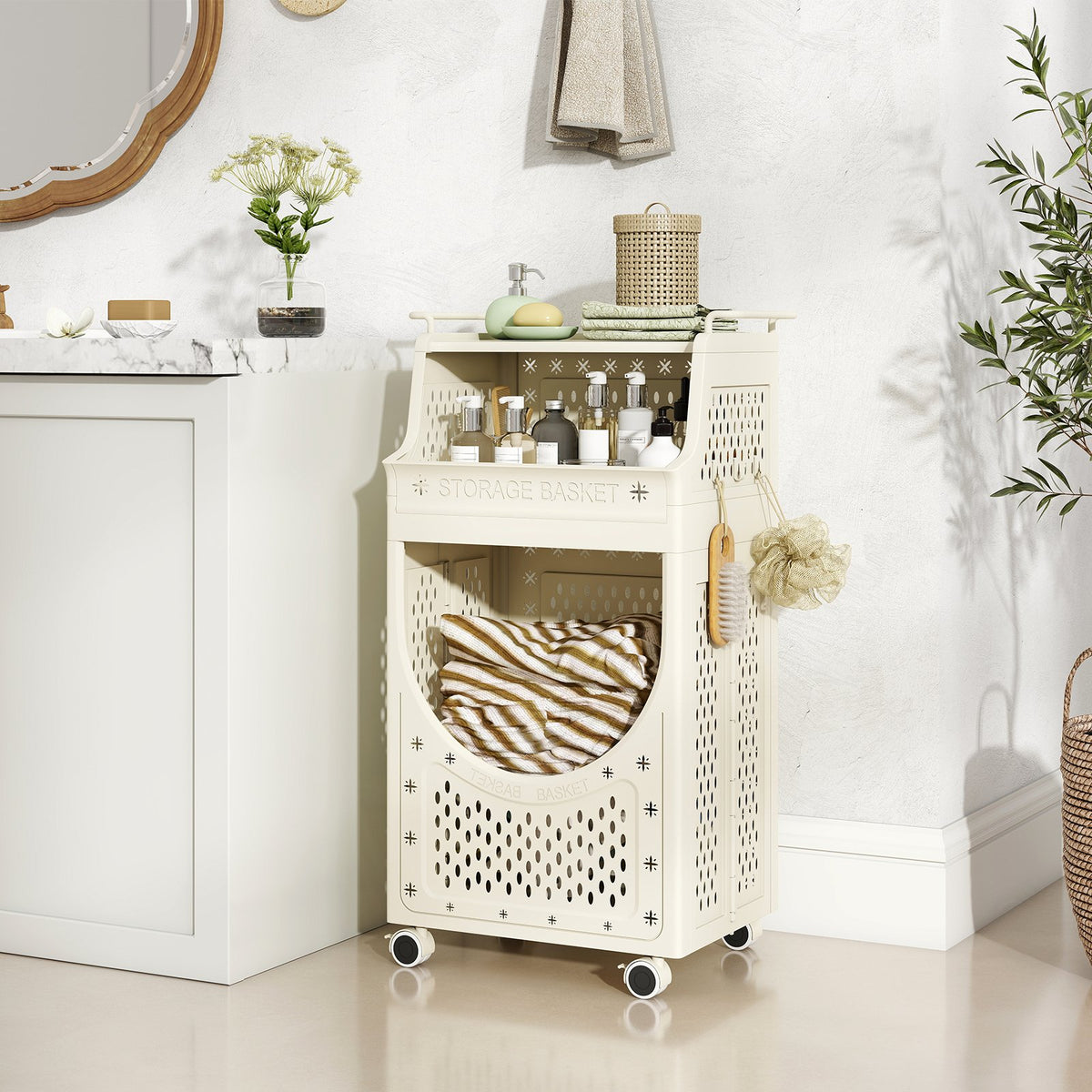 3-Tier Laundry Cart Folding Hamper with Lockable Wheels view 2