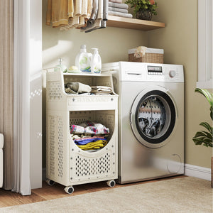 3-Tier Laundry Cart Folding Hamper with Lockable Wheels view 3