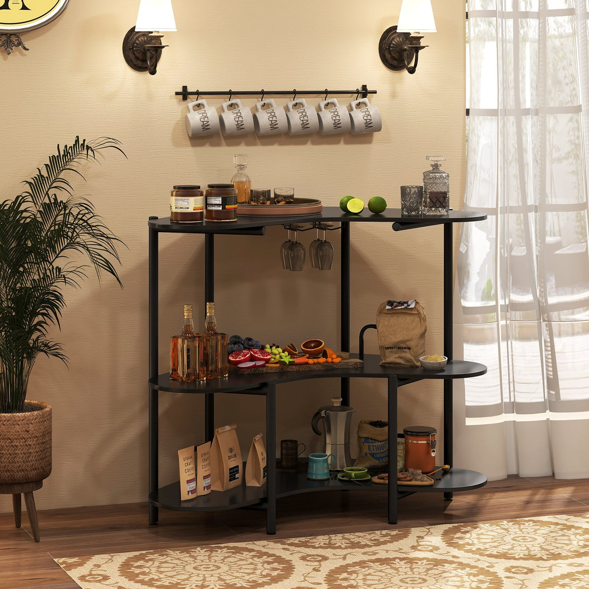 3-Tier Liquor Bar Table with Stemware Racks and Storage Shelves-Black view 2