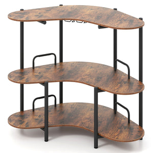 3-Tier Liquor Bar Table with Stemware Racks and Storage Shelves-Rustic Brown