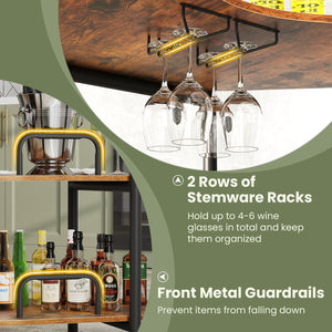 3-Tier Liquor Bar Table with Stemware Racks and Storage Shelves-Rustic Brown view 9