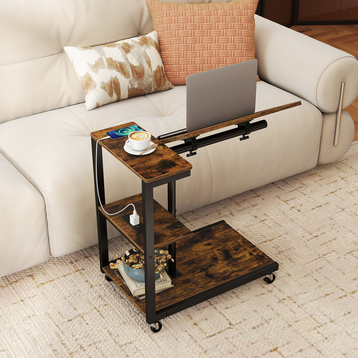 3-Tier Mobile Couch Side Table with Tiltable Tabletop-1 Piece view 2