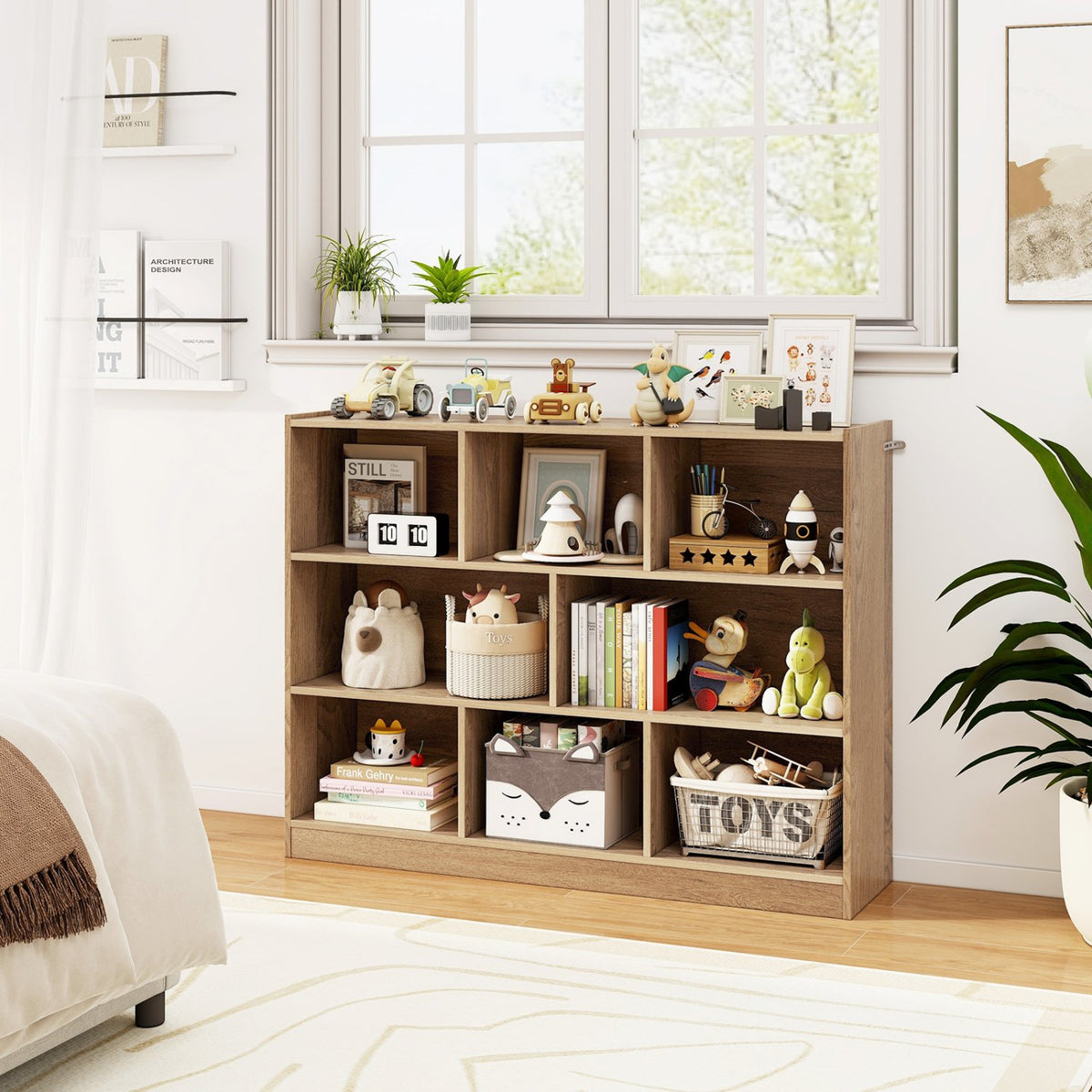 3-Tier Open Bookcase 8-Cube Floor Standing Storage Shelves-Natural view 2