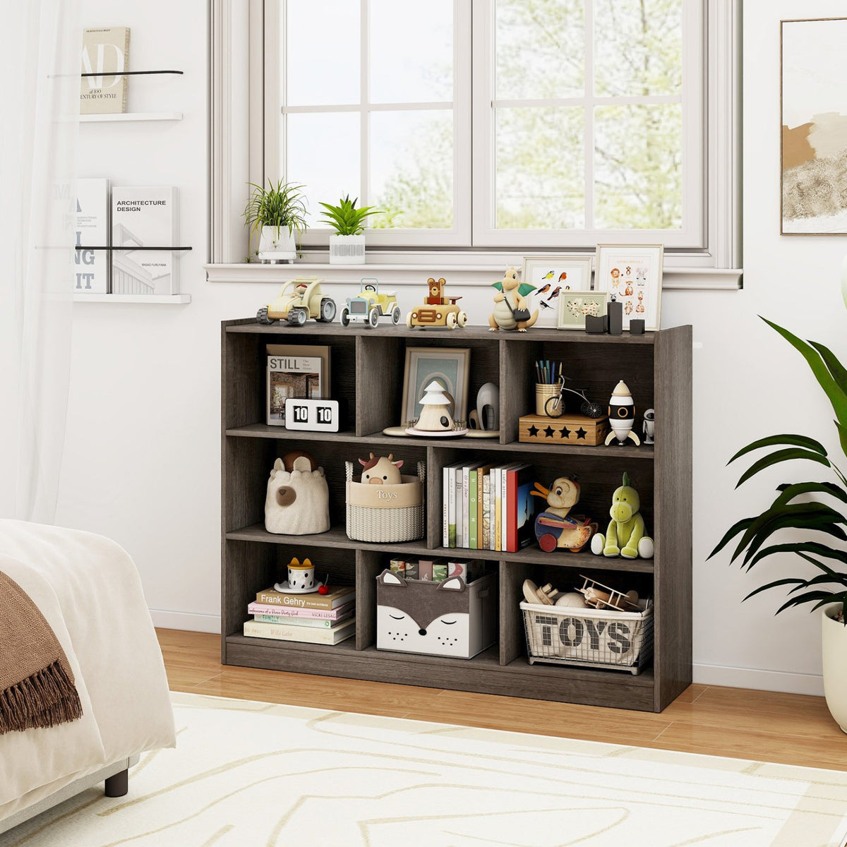 3-Tier Open Bookcase 8-Cube Floor Standing Storage Shelves Display Cabinet-Gray view 2