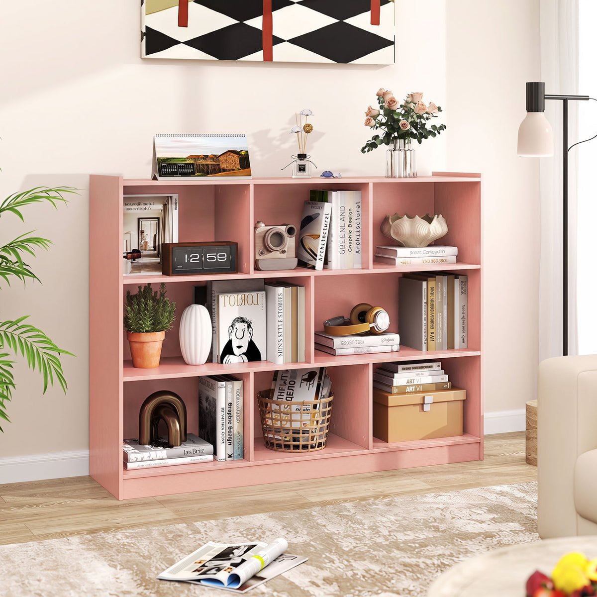 3-Tier Open Bookcase 8-Cube Floor Standing Storage Shelves-Pink view 2