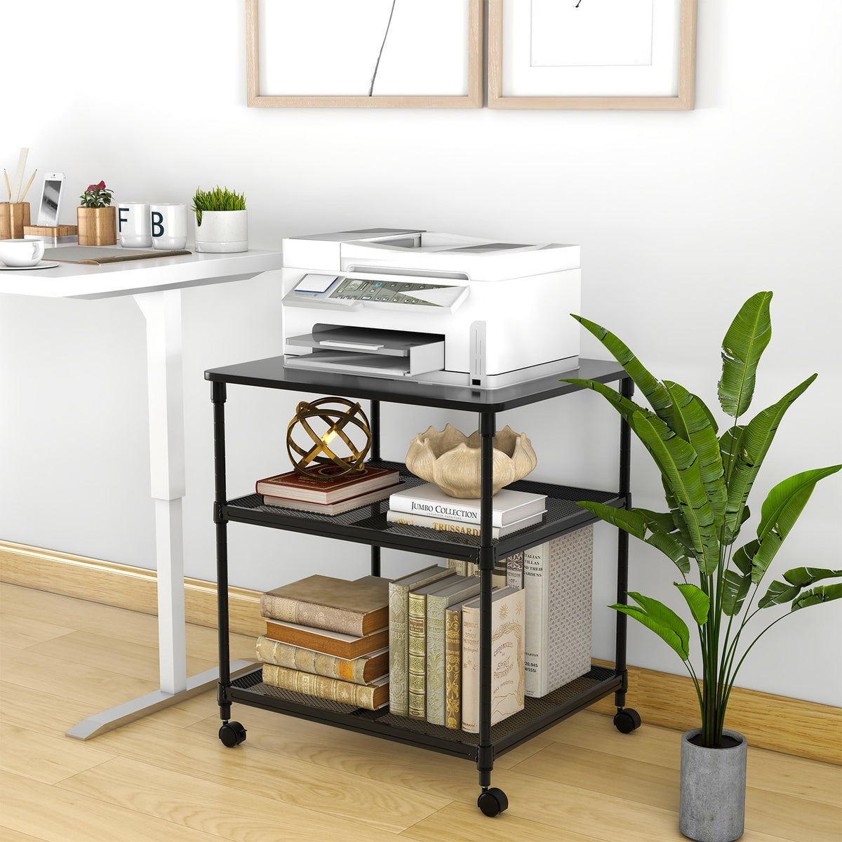3 Tier Printer Stand Rolling Fax Cart with Adjustable Shelf and Swivel Wheels-Black view 2