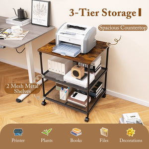 3 Tier Printer Stand Rolling Fax Cart with Adjustable Shelf and Swivel Wheels-Coffee view 6