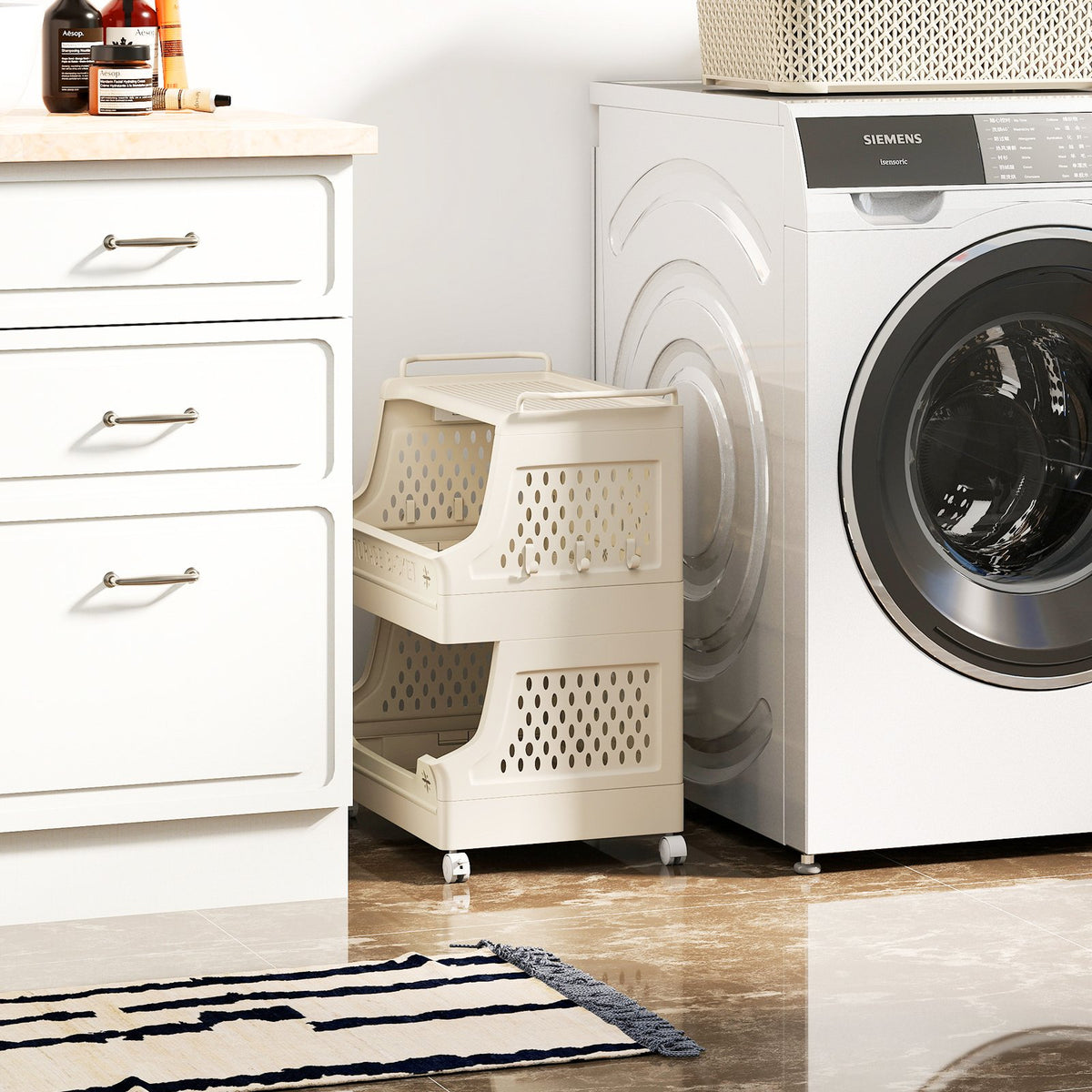 3-Tier Rolling Laundry Basket with Wheels Plastic Storage Cart with Side Hooks view 2