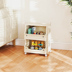 3-Tier Rolling Laundry Basket with Wheels Plastic Storage Cart with Side Hooks view 3