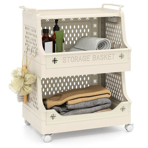 3-Tier Rolling Laundry Basket with Wheels Plastic Storage Cart with Side Hooks view 4