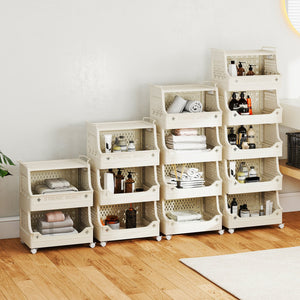 3-Tier Rolling Laundry Basket with Wheels Plastic Storage Cart with Side Hooks view 6