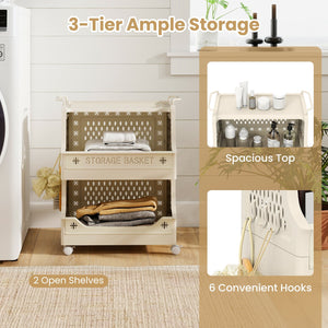 3-Tier Rolling Laundry Basket with Wheels Plastic Storage Cart with Side Hooks view 7
