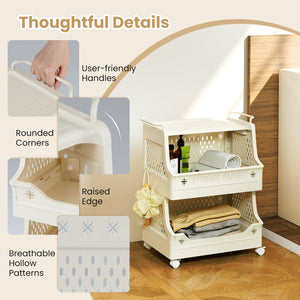 3-Tier Rolling Laundry Basket with Wheels Plastic Storage Cart with Side Hooks view 8