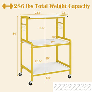 3-Tier Rolling Microwave Cart with Power Outlet and Lockable Wheels and 10 Hooks-White view 4