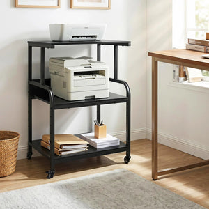 3-Tier Rolling Printer Stand with Adjustable Shelf and Lockable Wheels-Black view 2