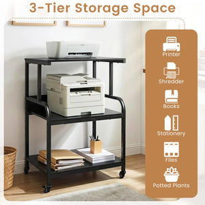 3-Tier Rolling Printer Stand with Adjustable Shelf and Lockable Wheels-Black view 7