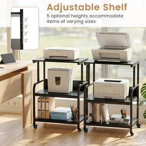 3-Tier Rolling Printer Stand with Adjustable Shelf and Lockable Wheels-Black view 8