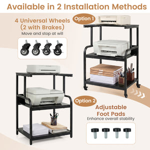 3-Tier Rolling Printer Stand with Adjustable Shelf and Lockable Wheels-Black view 9