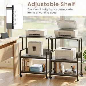 3-Tier Rolling Printer Stand with Adjustable Shelf and Lockable Wheels-Oak view 9