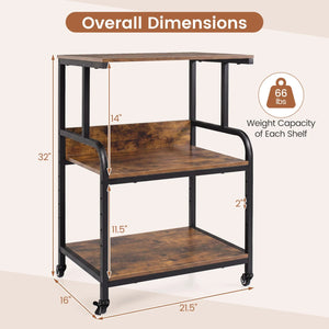 3-Tier Rolling Printer Stand with Adjustable Shelf and Lockable Wheels-Rustic Brown view 5