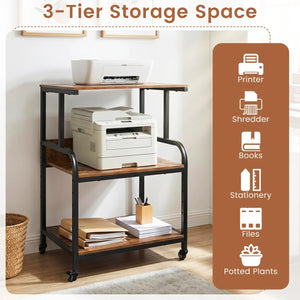 3-Tier Rolling Printer Stand with Adjustable Shelf and Lockable Wheels-Rustic Brown view 7