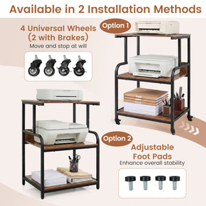 3-Tier Rolling Printer Stand with Adjustable Shelf and Lockable Wheels-Rustic Brown view 9