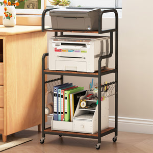 3-Tier Rolling Printer Stand with Storage Shelves & 10 Hooks and Locking Wheels-Rustic Brown view 2