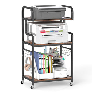 3-Tier Rolling Printer Stand with Storage Shelves & 10 Hooks and Locking Wheels-Rustic Brown view 4